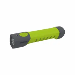 This rechargeable flashlight delivers 500 lumens with a 200-meter maximum beam distance and a 9-hour run time at maximum brightness. It includes a USB Type-C charging cord and comes with 2 AA batteries. The green housing is suited for general-purpose lighting tasks such as maintenance, emergency response, and outdoor work.