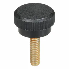 Knurled knob with threaded stud for manual adjustment, clamping, or positioning. Plastic body with steel #8-32 threaded stud. Diameter 0.375 in, thread length 0.625 in. Suitable for light-duty manual control on panels or fixtures.