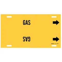 Yellow strap-on pipe marker with black 'Gas' legend and directional arrows. Fits pipe outer diameters from 6 to 7-7/8 inches. Used to identify gas piping in industrial and commercial facilities.