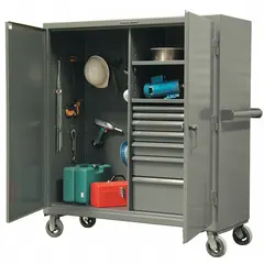 This steel mobile shelf cabinet features a dark gray baked enamel finish, an assembled frame, two adjustable shelves, and drawers for organized storage. It is mounted on casters for mobility and includes a swing padlock hasp for security. Typical applications include storing tools, parts, and equipment in workshops and warehouses.