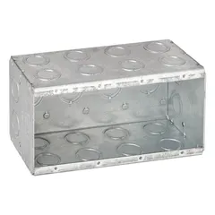 Steel masonry electrical box for embedding in concrete or block walls. Four-gang configuration with dimensions 3-1/2 in depth, 7-3/8 in width, and 3-3/4 in height. Supplied without clamps or brackets. Suitable for enclosing switches, outlets, or splices in masonry construction.
