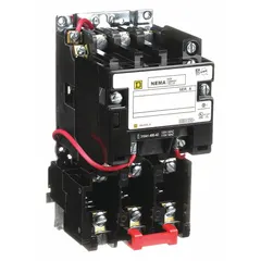 Non-reversing magnetic motor starter for three-phase motors. NEMA Size 1, 27 A, 3 poles, 208V AC coil. Screw clamp terminals. Requires three melting alloy thermal units (not included) for overload protection. Suitable for starting and stopping motors in industrial applications such as conveyors, pumps, and compressors.