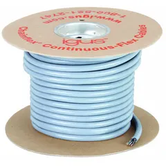 This unshielded continuous flexing exposed run tray cable features 4 conductors of 14 AWG. It is suited for applications requiring repeated bending and movement, such as in cable carriers or cable trays. Minimum bend radius is 5 times outer diameter for fixed installations and 7.5 times outer diameter for flexible use.