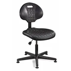 This BEVCO armless office chair is constructed from black plastic material. It features a 12-1/2 in back height, 17 in seat depth, and 18-1/2 in seat width. Suitable for light-duty tasks in control rooms, assembly lines, or inspection stations.