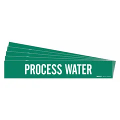 Adhesive pipe marker for identifying process water lines. Green background with white legend text. Suitable for pipes with outer diameter of 8 inches and larger. Pack of 5 markers without directional arrows.