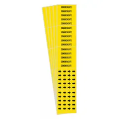 Yellow adhesive pipe marker with black legend text reading 'Condensate' and flow-direction arrows. Designed for pipes with outer diameter of 3/4 inch and smaller. Each pack contains 5 markers, with 3 markers per pack. Used to identify condensate lines in piping systems for safety and maintenance compliance.