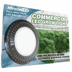 This 200W integrated LED bay light fixture kit operates on 100 to 277V AC and is designed for mounting heights up to 10 ft. It provides full/broad spectrum light suitable for indoor horticulture and greenhouse applications, supporting plant root development.