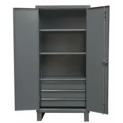 Stationary welded steel cabinet with powder-coated gray finish, legs, and 12 ga panel thickness. Includes 4 adjustable shelves (2 adjustable) and drawers. Equipped with swing handle and padlock hasp for security. Suitable for organized storage of tools and supplies in workshops and warehouses.