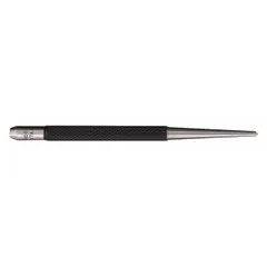 Round center punch with knurled grip for precise dimple marking on metal or plastic surfaces. Overall length 3 in, taper length 1 7/8 in. Supplied in a box. Used to guide drill bits and prevent wandering during drilling operations.