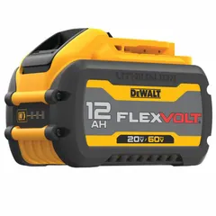 The DEWALT DCB612 is a FLEXVOLT battery with 12 Ah capacity, operating at 20V DC or 60V DC depending on the tool. It automatically switches voltage when moved between 20V Max and 60V Max tools, providing extended runtime for high-demand cordless tools such as saws, grinders, and hammer drills.