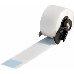 Blue matte vinyl wraparound label measuring 4 in x 1 in, designed for permanent identification of wires from 1 AWG to 500 kcmil. Compatible with BMP71 printer series and requires M7-R4300 ribbon. Used in industrial electrical panels, data centers, and manufacturing facilities for clear and durable cable marking.