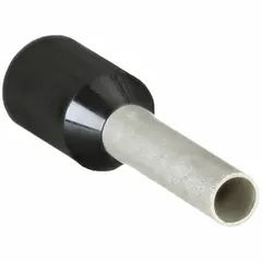 Insulated ferrule for terminating stranded wire into terminal blocks. Accepts 16 AWG max wire size, holds 1 wire, with 0.08 in ferrule diameter. Black polypropylene insulation. Used in industrial control panels and electrical distribution equipment.