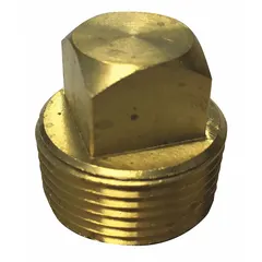 Brass hydraulic hose plug with 3/8" fitting size and 3/8"-18 NPTF thread, rated for 1,200 psi maximum working pressure at 70°F. Used to seal or cap NPTF ports in hydraulic systems, preventing leaks and contamination. Does not include an O-ring.
