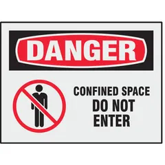 Adhesive-mounted danger sign for confined space entry points. Supplied as an 8-pack. Not retroreflective and does not glow in the dark. Suitable for marking areas where confined space hazards exist to prevent unauthorized entry.