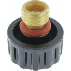 This short back cap secures consumables in plasma cutting torches. It is used in metal fabrication and welding applications to protect the torch head and maintain stable arc performance. Sold as a 2-pack.
