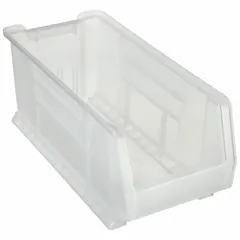 This stationary plastic bin is designed for organized storage of industrial components. Its clear construction allows easy visual identification of contents, and the stacking capability enables space-efficient vertical storage in warehouses, manufacturing facilities, and maintenance shops.