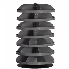 This revolving storage bin features flat-bottom shelves for organizing small parts and hardware. It includes 7 levels, each with 5 bins, providing accessible storage in workshops, warehouses, and assembly areas.