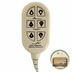 This beige plastic pendant is designed for Basic American healthcare beds, compatible with the Zenith II, Liberty, and Matrix II series. It allows patients or caregivers to control bed functions such as positioning and nurse call.