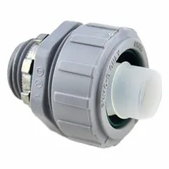 Straight, non-insulated plastic liquid-tight conduit fitting for nonmetallic conduit. Made of gray nylon with a 1/2 in trade size. Suitable for damp or corrosive environments requiring leak-resistant connections in electrical systems.