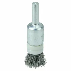 This WEILER brush features crimped stainless steel fill for controlled light cleaning and surface finishing on stainless steel. With a 1/2 in diameter and 0.006 in fill diameter, it is suited for deburring and finishing tasks in metalworking. The 1/4 in shank allows for use with rotary tools.