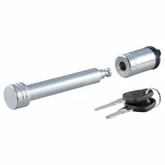 This receiver lock is constructed from steel with a chrome-plated finish for corrosion resistance. It includes two keys and is designed to secure a trailer hitch receiver, preventing theft or accidental detachment in towing applications.