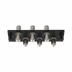 Steel adapter plate with 6 simplex ST ports, UPC contact finish, for OS2 single-mode fiber. Used to terminate and connect ST connectors in fiber optic patching applications.