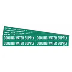 Green adhesive pipe marker with white legend reading 'Cooling Water Supply'. Fits pipe outer diameters from 3/4 to 2-3/8 inches. Pack of 5 markers without arrows. Used for identifying cooling water supply lines in piping systems.