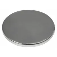 Disc magnet with 1 1/2 in outside diameter, 0.125 in thickness, and 77 lbf maximum pull force. Type 42 neodymium construction with silver finish. Used for holding, lifting, and positioning ferrous materials in industrial fixturing, assembly, and material handling applications