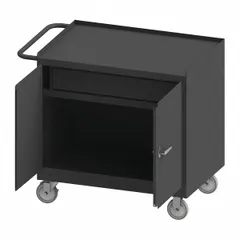This mobile cabinet bench is constructed from steel with a gray finish and is fully assembled. It includes a handle on the side for mobility and has an overall load capacity of 1,200 lb. Suitable for use in industrial workshops, maintenance facilities, and assembly lines as a mobile workstation with integrated drawer storage.
