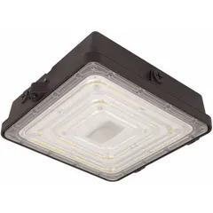 LED low-profile fixture for parking garages, canopies, and covered walkways. Delivers 6,960 lm at 60 W with selectable 3000K/4000K/5000K color temperatures. Operates on 120 to 277V AC. Bronze finish.