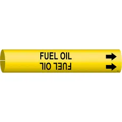 Yellow snap-on pipe marker with black legend reading 'Fuel Oil' and directional arrows. Fits pipe outer diameters from 3/4 to 1-3/8 inches. Used to identify fuel oil lines in piping systems, aiding in visual pipe content identification.