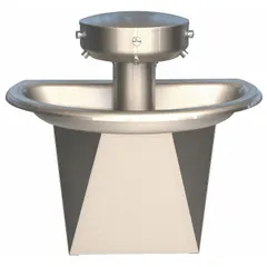 This BRADLEY Sentry series wash fountain is a hand-operated push button unit made of stainless steel with a semi-circular bowl and silver finish. It features three stations, a central rising drain, and a 36-inch overall width. The fountain is ADA compliant and suitable for commercial restrooms, schools, and healthcare facilities where multiple users can wash simultaneously.