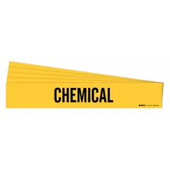Yellow adhesive pipe marker with black 'Chemical' legend, designed for pipes with outer diameter of 8 inches and larger. Supplied in a pack of 5, without directional arrows. Used to identify pipes carrying chemicals in industrial piping systems, aiding in hazard recognition and maintenance.