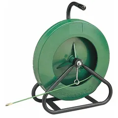 Non-conductive fish tape for pulling wires through conduit, raceways, and walls. Features manual wind tape retraction and round tape shape. Housed in a 17-inch diameter reel stand case. 200 ft length.