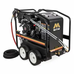 Cart-mounted hot water pressure washer delivering 4000 psi at 3.3 gpm. Rated for 20 hours of use per week. Suitable for removing grease, oil, and grime from equipment and surfaces in industrial facilities.