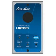 This plastic airflow monitor is designed for fume hood applications to continuously monitor airflow and alert users to unsafe changes. It operates on 100 to 115V AC, includes an external alarm and night setback function, and measures 12 inches overall width. Suitable for laboratory ventilation enclosures to maintain proper airflow status.