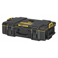 Plastic tool organizer box in black with two compartments for sorting and storing tools and accessories. Measures 14 3/4 in width by 21 3/4 in depth by 7 in height. Suitable for job site organization and transport.