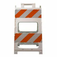 Type II A-frame barricade with a blank white panel measuring 24 1/2 in x 45 3/16 in. Polypropylene frame and plastic panels resist decay or splintering. Accepts a light for enhanced visibility. Used for temporary traffic control, pedestrian guidance, and hazard warning at construction sites, road work zones, and industrial facilities