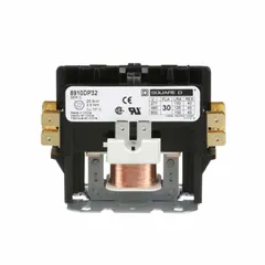 This SQUARE D definite purpose contactor is a non-reversing, single-phase device with 2 poles and a 2NO main pole contact form. Rated 30 A at 480V AC with a maximum voltage of 600V AC, it features a 440/480V AC coil and quick-disconnect terminals. Suitable for switching loads such as compressors, fans, and pumps in HVACR and industrial equipment.