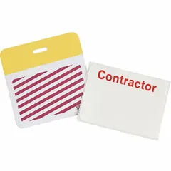 White vinyl clip-on ID badge with yellow legend. Each badge measures 2 inches in height and 3 inches in width. Supplied in a 500-pack. Suitable for identification and access control in industrial and commercial settings.