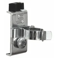 Steel spring clip toolholder with zinc-plated silver finish, designed for square-hole pegboard. Features 5 hooks and a screw-in locking system for surface mounting. Includes bolts for installation. Suitable for organizing tools in workshops, garages, and retail displays.