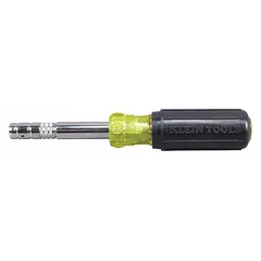 This multi-bit nut driver from KLEIN TOOLS features a round shaft with a magnetized tip for holding fasteners. It is designed for SAE fasteners with tip sizes of 1/4 in and 1/8 in. Commonly used in electrical, HVAC, and general maintenance tasks where precise alignment in confined spaces is required.