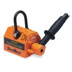 Round- and flat-surface lifting magnet with pull-lever release mechanism. Max flat load capacity of 250 lb. Suitable for handling ferrous materials in industrial lifting and positioning applications.