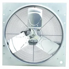 This standard direct-drive panel exhaust fan from Dayton features a 20-inch blade and a 1/4 hp motor delivering 3,647 cfm at 115V AC single phase. It has a galvanized steel frame with stamped construction and a totally enclosed air-over motor with Class B insulation. The fan is assembled and includes intake guards, suitable for general ventilation in industrial and commercial facilities to remove heat, fumes, or stale air.