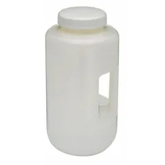 This HDPE wide mouth round lab bottle has a 4 L (1.05 gal) capacity and a natural body color. It includes a closure and features a 100-415 mm neck finish. The bottle is not graduated. Typical applications include collecting, storing, and transporting liquid samples in laboratory and industrial settings.