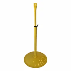 Steel pedestal base designed for supporting industrial fans. Measures 62 inches in length, 34 inches in width, with a 34-inch diameter base. Features a powder-coated yellow finish and includes assembly hardware. Suitable for use in warehouses, factories, and commercial facilities.