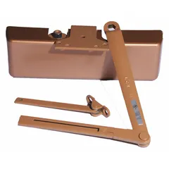 This Grade 1 heavy duty door closer is suitable for interior or exterior use on commercial and industrial doors. It features a non-hold open closer type with a regular arm and adjustable spring size 6. The bronze finish and parallel/standard mounting capability make it appropriate for a variety of door applications. ADA compliant.