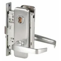 This BEST office lever lockset features a satin chromium-plated stainless steel finish and is ADA compliant for accessible lever operation. It includes an interchangeable core and a 40H escutcheon with F04 function, allowing key-retracted locking from the outside and free egress from the inside. Suitable for interior commercial doors in settings such as offices, schools, and healthcare facilities