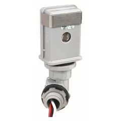 This photocell is designed for automatic dusk-to-dawn lighting control in outdoor applications such as parking lots, pathways, and building perimeters. It features an adjustable stem and swivel arm for precise positioning, and includes a lock nut for secure mounting. The unit operates on 208-277V AC with SPST switching and has a 1/2-inch stem diameter.