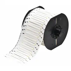 Polyvinylidene fluoride (PVDF) precut sleeve label roll in white matte finish. Each label measures 1/8 in x 2 in and is designed for wire gauges 16 AWG to 20 AWG. Compatible with BBP33 printer series. Used for permanent wire and cable identification in control panels, machinery, and electrical installations.